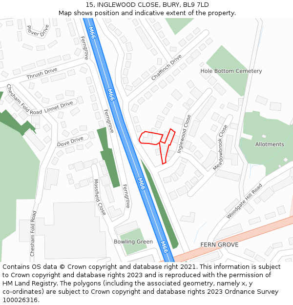 15, INGLEWOOD CLOSE, BURY, BL9 7LD: Location map and indicative extent of plot