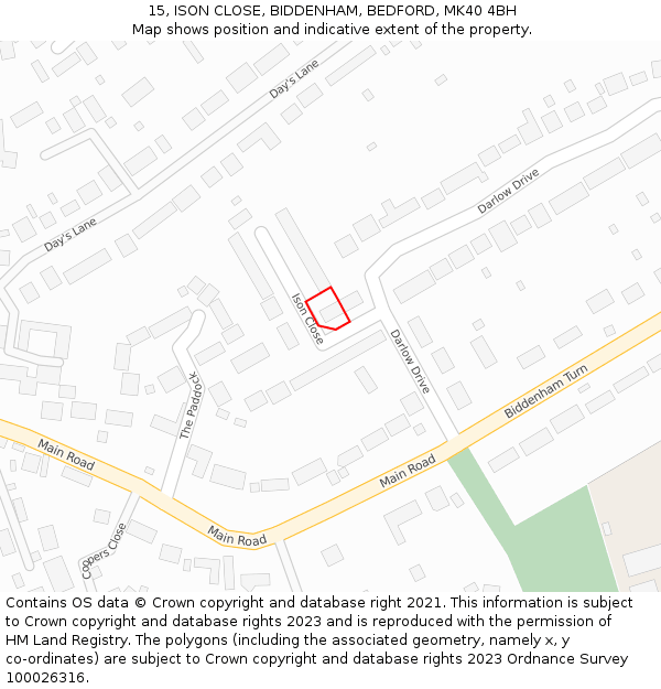 15, ISON CLOSE, BIDDENHAM, BEDFORD, MK40 4BH: Location map and indicative extent of plot