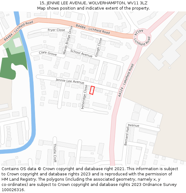 15, JENNIE LEE AVENUE, WOLVERHAMPTON, WV11 3LZ: Location map and indicative extent of plot
