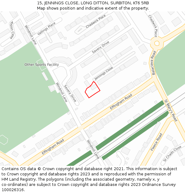 15, JENNINGS CLOSE, LONG DITTON, SURBITON, KT6 5RB: Location map and indicative extent of plot
