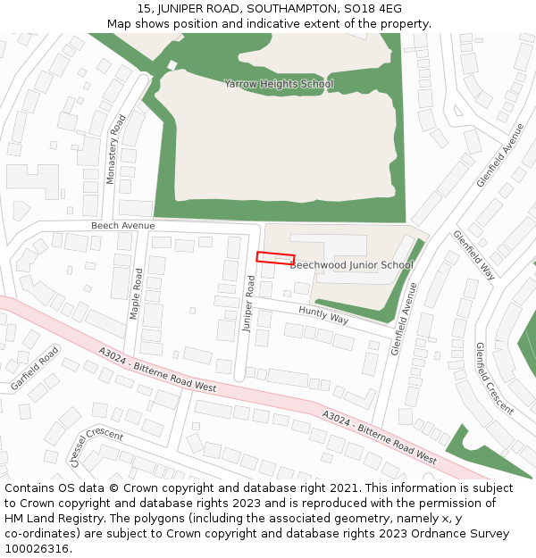 15, JUNIPER ROAD, SOUTHAMPTON, SO18 4EG: Location map and indicative extent of plot
