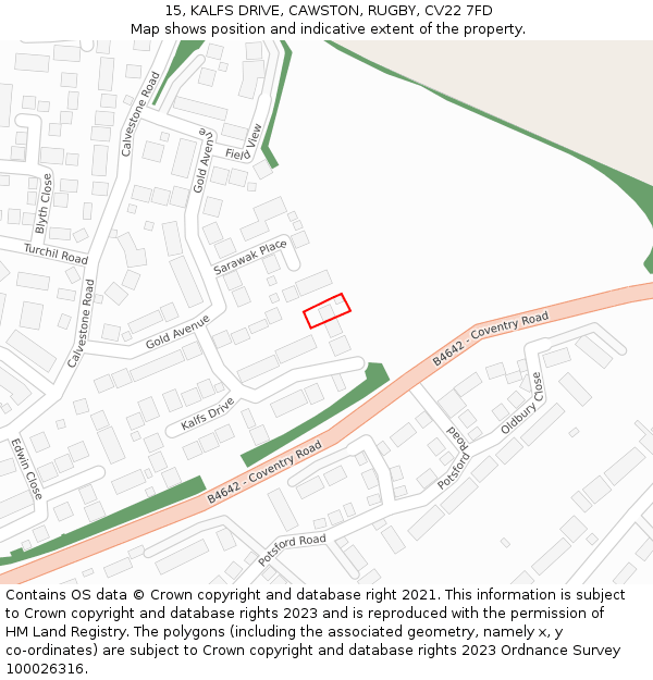 15, KALFS DRIVE, CAWSTON, RUGBY, CV22 7FD: Location map and indicative extent of plot