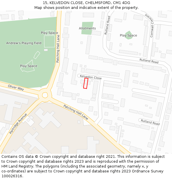 15, KELVEDON CLOSE, CHELMSFORD, CM1 4DG: Location map and indicative extent of plot