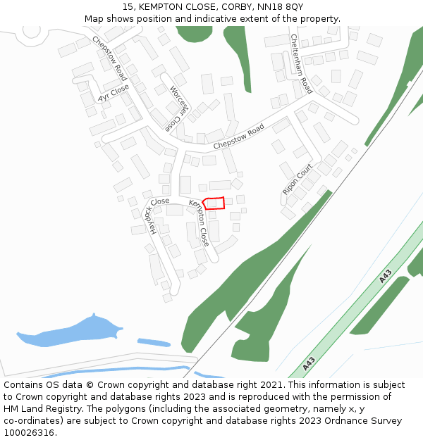 15, KEMPTON CLOSE, CORBY, NN18 8QY: Location map and indicative extent of plot