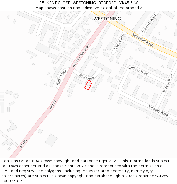 15, KENT CLOSE, WESTONING, BEDFORD, MK45 5LW: Location map and indicative extent of plot