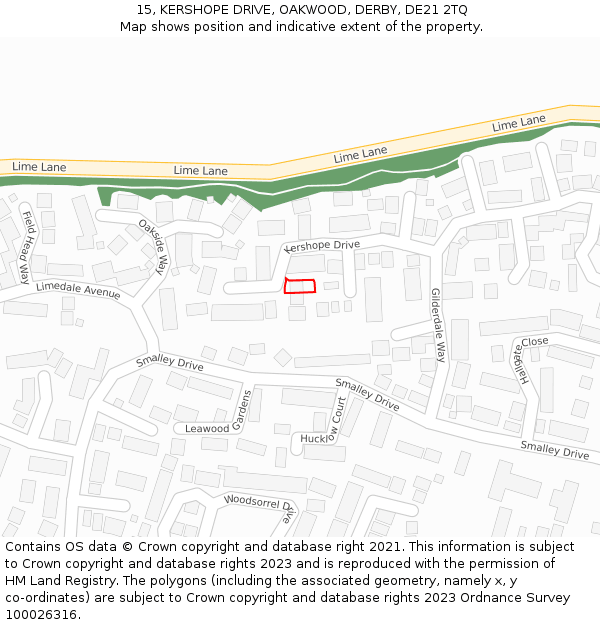 15, KERSHOPE DRIVE, OAKWOOD, DERBY, DE21 2TQ: Location map and indicative extent of plot