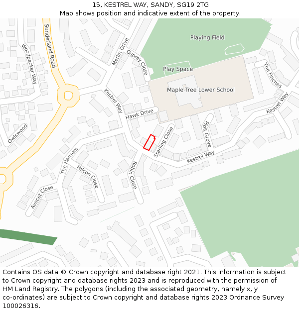15, KESTREL WAY, SANDY, SG19 2TG: Location map and indicative extent of plot