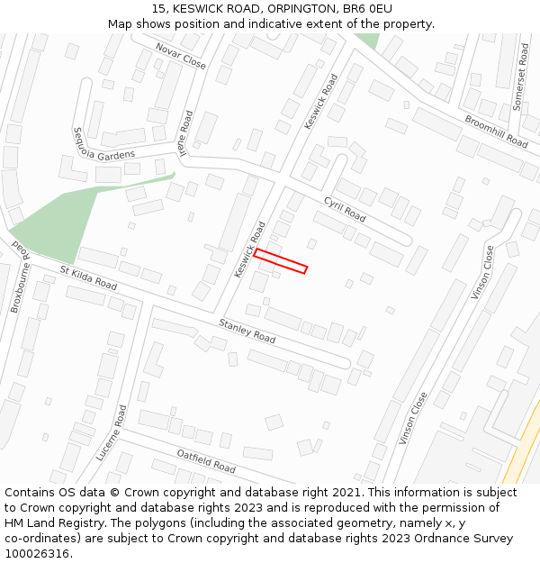 15, KESWICK ROAD, ORPINGTON, BR6 0EU: Location map and indicative extent of plot