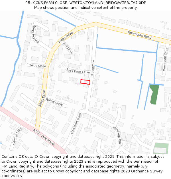 15, KICKS FARM CLOSE, WESTONZOYLAND, BRIDGWATER, TA7 0DP: Location map and indicative extent of plot