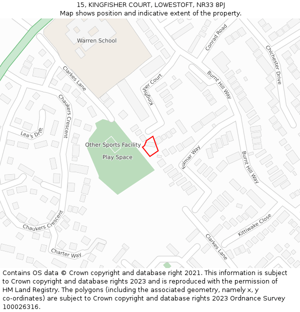 15, KINGFISHER COURT, LOWESTOFT, NR33 8PJ: Location map and indicative extent of plot
