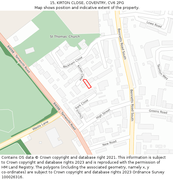 15, KIRTON CLOSE, COVENTRY, CV6 2PG: Location map and indicative extent of plot