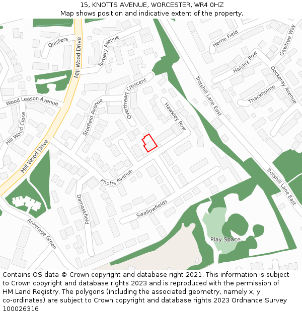 15, KNOTTS AVENUE, WORCESTER, WR4 0HZ: Location map and indicative extent of plot