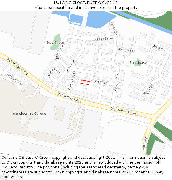 15, LAING CLOSE, RUGBY, CV21 1FL: Location map and indicative extent of plot