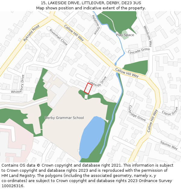 15, LAKESIDE DRIVE, LITTLEOVER, DERBY, DE23 3US: Location map and indicative extent of plot