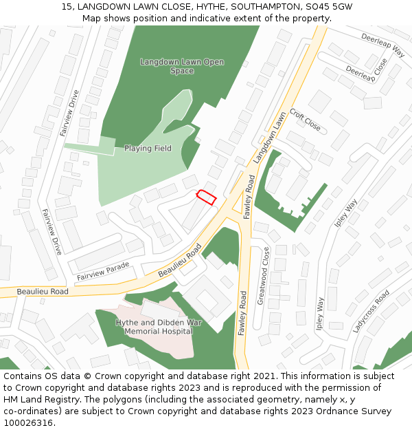 15, LANGDOWN LAWN CLOSE, HYTHE, SOUTHAMPTON, SO45 5GW: Location map and indicative extent of plot