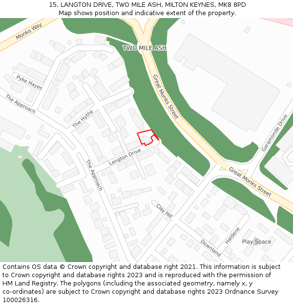 15, LANGTON DRIVE, TWO MILE ASH, MILTON KEYNES, MK8 8PD: Location map and indicative extent of plot