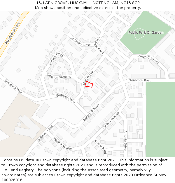 15, LATIN GROVE, HUCKNALL, NOTTINGHAM, NG15 8GP: Location map and indicative extent of plot