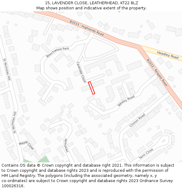 15, LAVENDER CLOSE, LEATHERHEAD, KT22 8LZ: Location map and indicative extent of plot