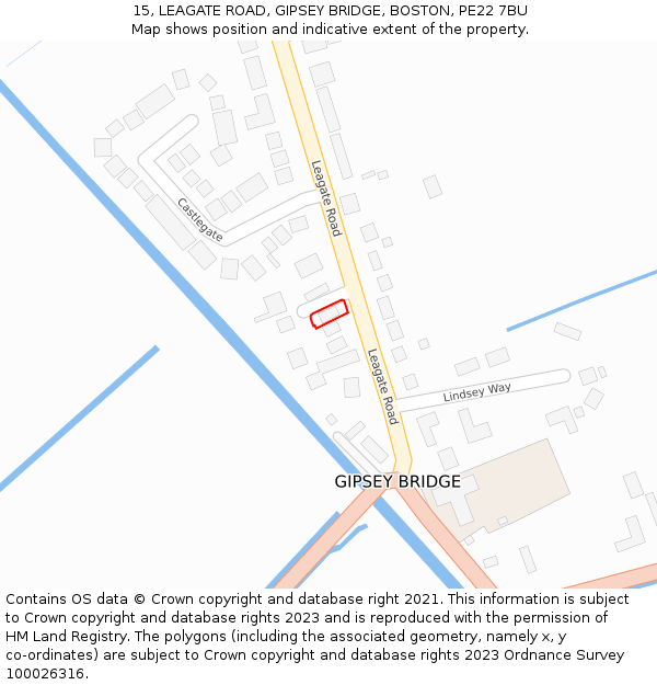 15, LEAGATE ROAD, GIPSEY BRIDGE, BOSTON, PE22 7BU: Location map and indicative extent of plot