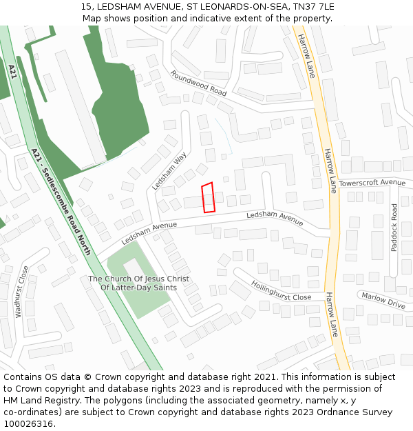 15, LEDSHAM AVENUE, ST LEONARDS-ON-SEA, TN37 7LE: Location map and indicative extent of plot