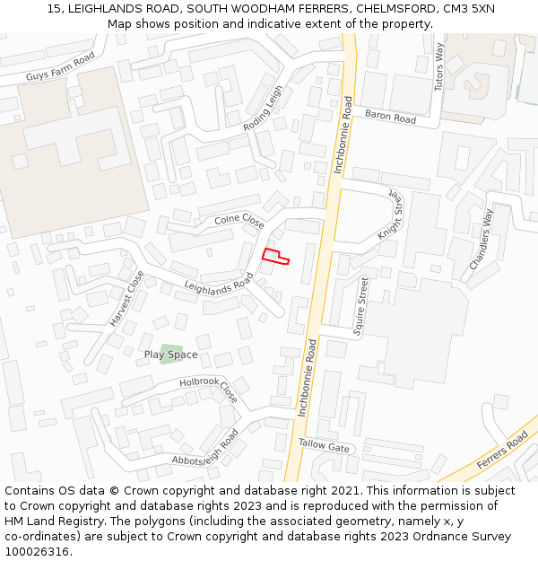 15, LEIGHLANDS ROAD, SOUTH WOODHAM FERRERS, CHELMSFORD, CM3 5XN: Location map and indicative extent of plot