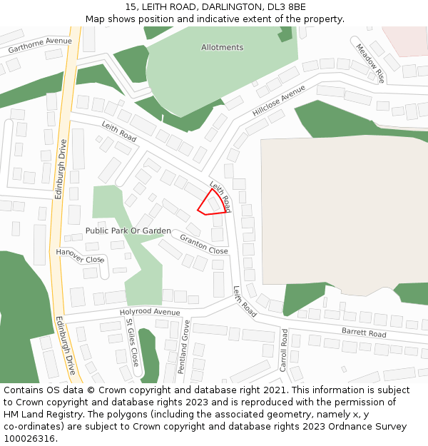 15, LEITH ROAD, DARLINGTON, DL3 8BE: Location map and indicative extent of plot