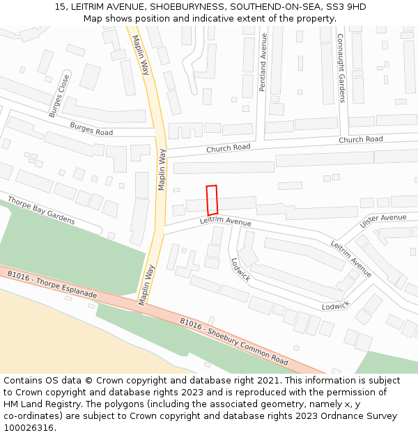 15, LEITRIM AVENUE, SHOEBURYNESS, SOUTHEND-ON-SEA, SS3 9HD: Location map and indicative extent of plot