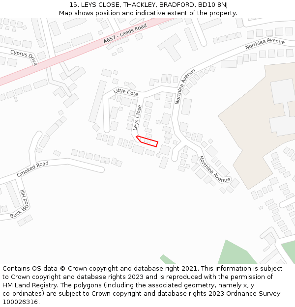 15, LEYS CLOSE, THACKLEY, BRADFORD, BD10 8NJ: Location map and indicative extent of plot