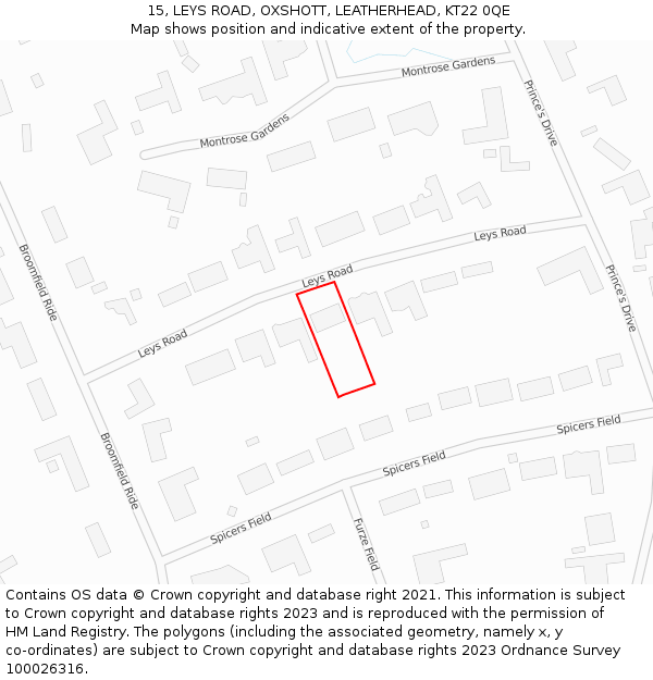 15, LEYS ROAD, OXSHOTT, LEATHERHEAD, KT22 0QE: Location map and indicative extent of plot