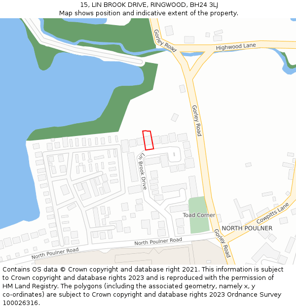 15, LIN BROOK DRIVE, RINGWOOD, BH24 3LJ: Location map and indicative extent of plot