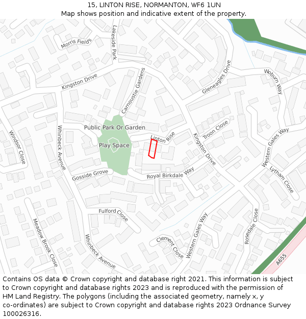 15, LINTON RISE, NORMANTON, WF6 1UN: Location map and indicative extent of plot