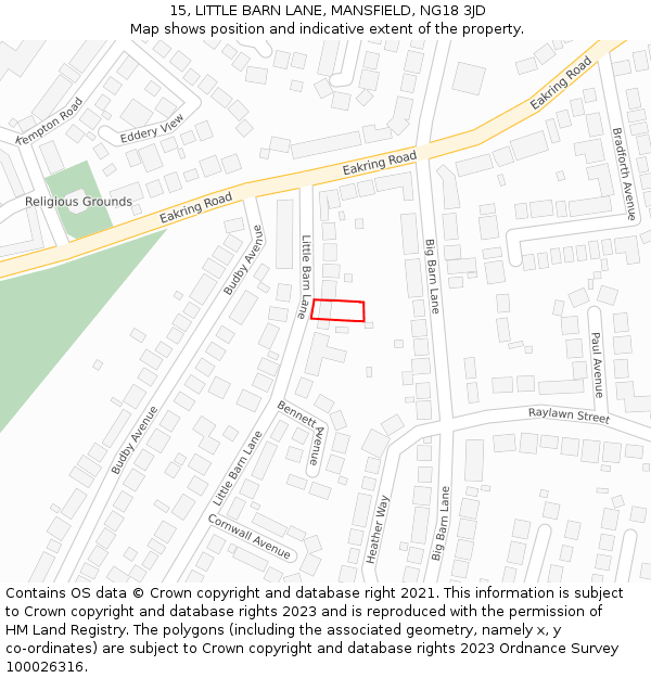 15, LITTLE BARN LANE, MANSFIELD, NG18 3JD: Location map and indicative extent of plot