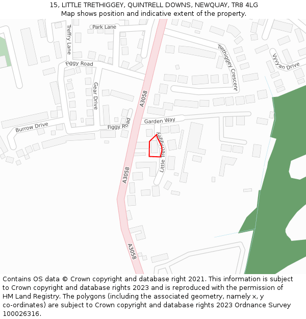 15, LITTLE TRETHIGGEY, QUINTRELL DOWNS, NEWQUAY, TR8 4LG: Location map and indicative extent of plot