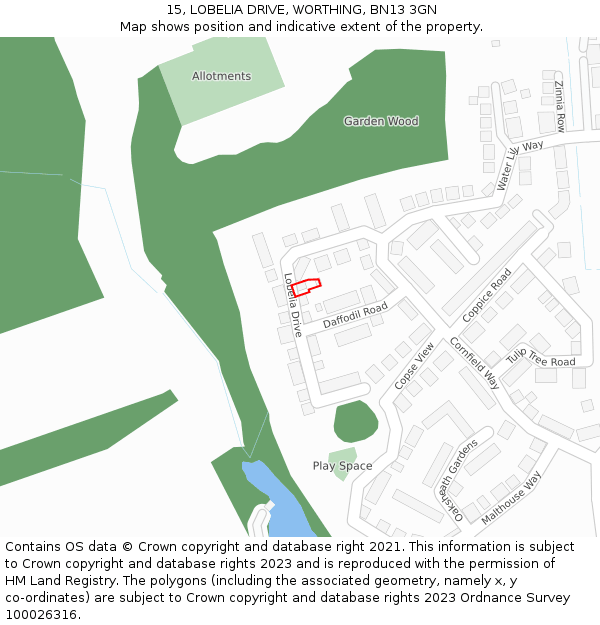 15, LOBELIA DRIVE, WORTHING, BN13 3GN: Location map and indicative extent of plot