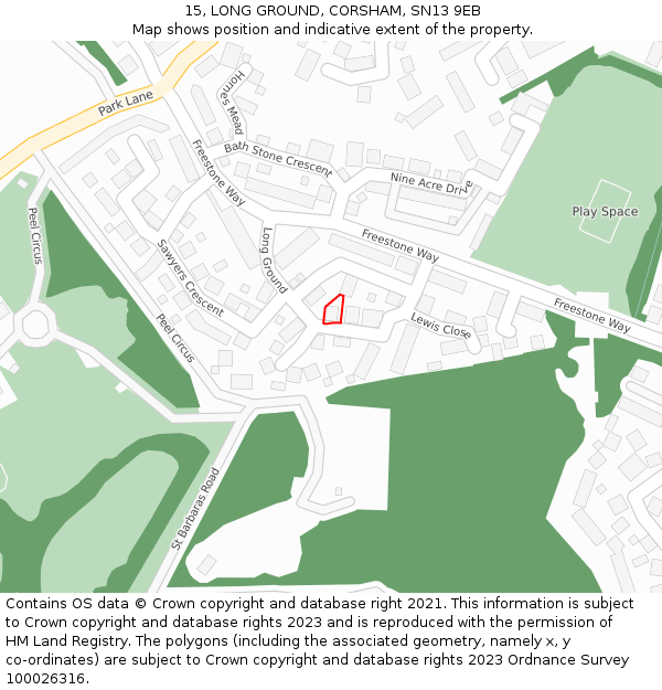 15, LONG GROUND, CORSHAM, SN13 9EB: Location map and indicative extent of plot