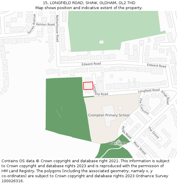 15, LONGFIELD ROAD, SHAW, OLDHAM, OL2 7HD: Location map and indicative extent of plot