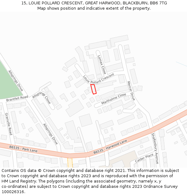 15, LOUIE POLLARD CRESCENT, GREAT HARWOOD, BLACKBURN, BB6 7TG: Location map and indicative extent of plot
