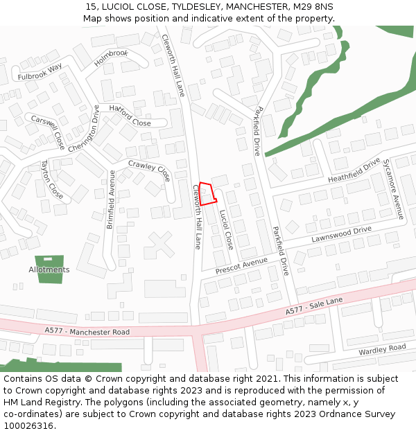 15, LUCIOL CLOSE, TYLDESLEY, MANCHESTER, M29 8NS: Location map and indicative extent of plot
