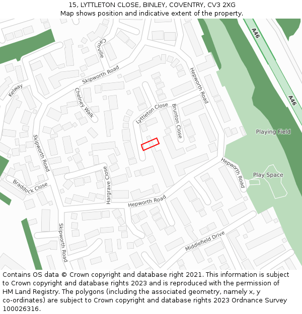 15, LYTTLETON CLOSE, BINLEY, COVENTRY, CV3 2XG: Location map and indicative extent of plot