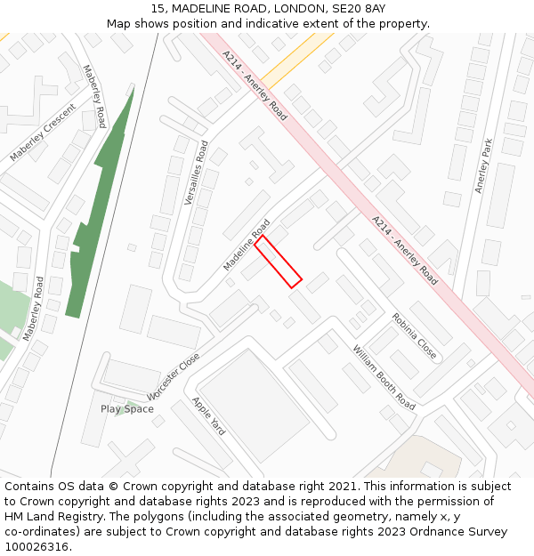 15, MADELINE ROAD, LONDON, SE20 8AY: Location map and indicative extent of plot