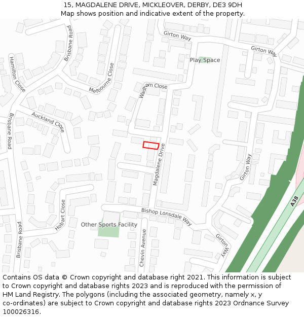 15, MAGDALENE DRIVE, MICKLEOVER, DERBY, DE3 9DH: Location map and indicative extent of plot