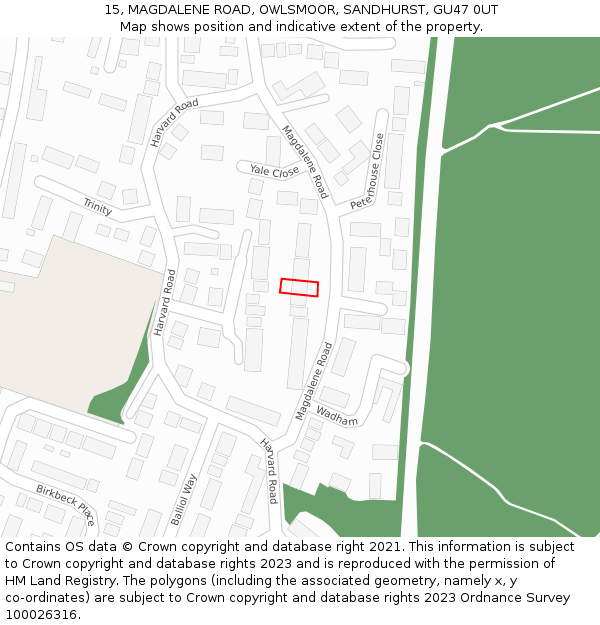 15, MAGDALENE ROAD, OWLSMOOR, SANDHURST, GU47 0UT: Location map and indicative extent of plot