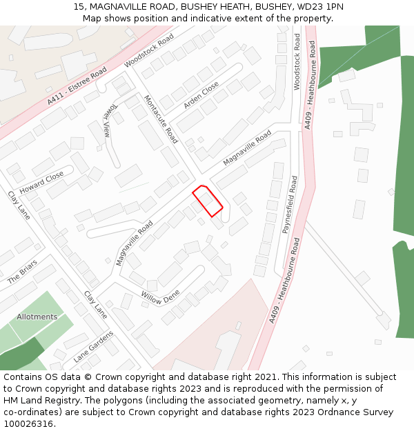 15, MAGNAVILLE ROAD, BUSHEY HEATH, BUSHEY, WD23 1PN: Location map and indicative extent of plot