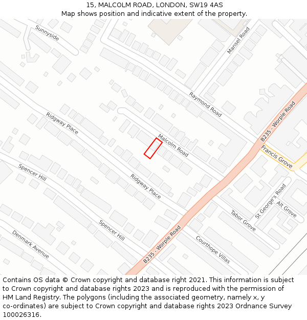 15, MALCOLM ROAD, LONDON, SW19 4AS: Location map and indicative extent of plot