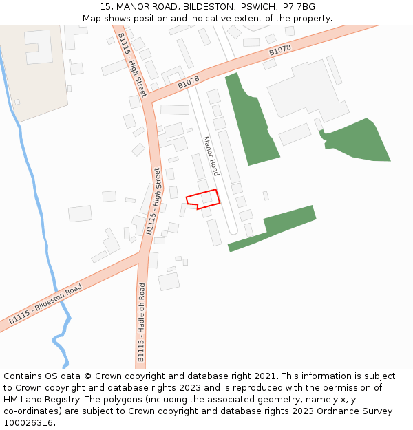 15, MANOR ROAD, BILDESTON, IPSWICH, IP7 7BG: Location map and indicative extent of plot