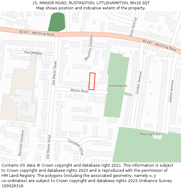 15, MANOR ROAD, RUSTINGTON, LITTLEHAMPTON, BN16 3QT: Location map and indicative extent of plot
