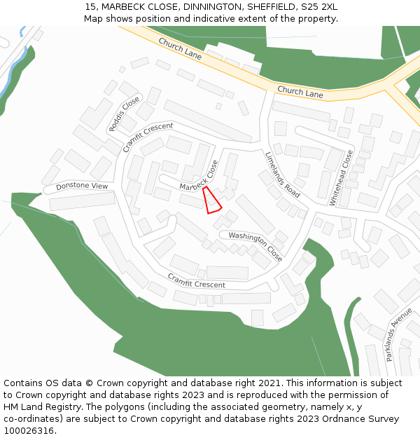 15, MARBECK CLOSE, DINNINGTON, SHEFFIELD, S25 2XL: Location map and indicative extent of plot