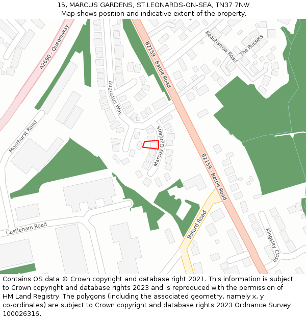 15, MARCUS GARDENS, ST LEONARDS-ON-SEA, TN37 7NW: Location map and indicative extent of plot