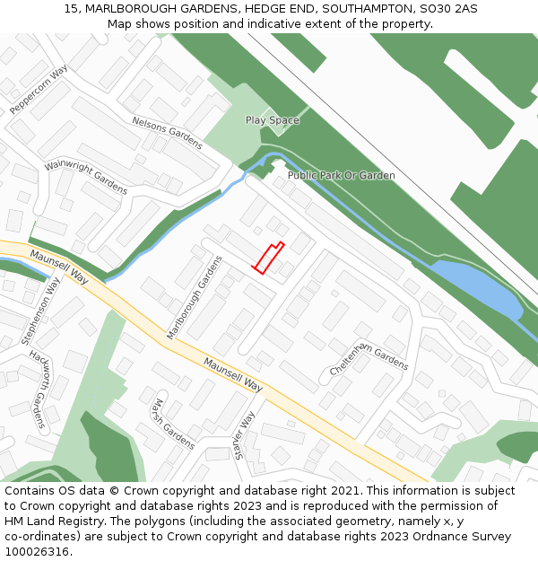 15, MARLBOROUGH GARDENS, HEDGE END, SOUTHAMPTON, SO30 2AS: Location map and indicative extent of plot