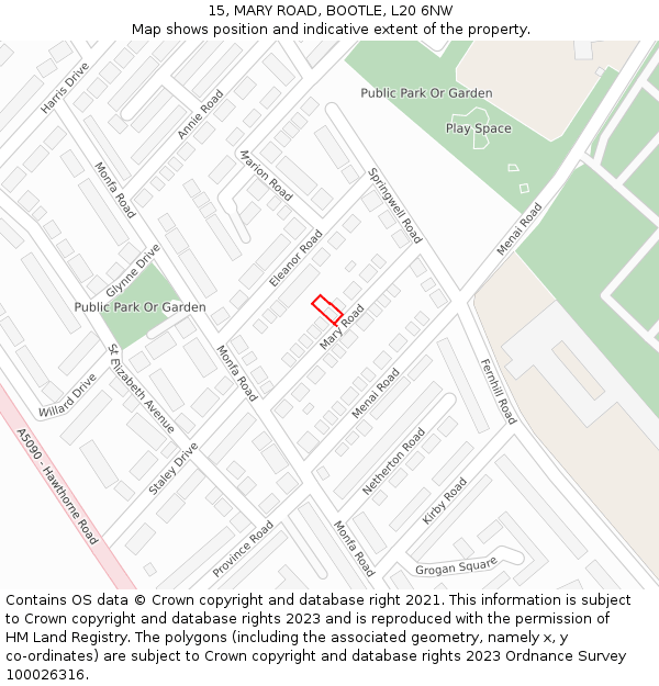 15, MARY ROAD, BOOTLE, L20 6NW: Location map and indicative extent of plot